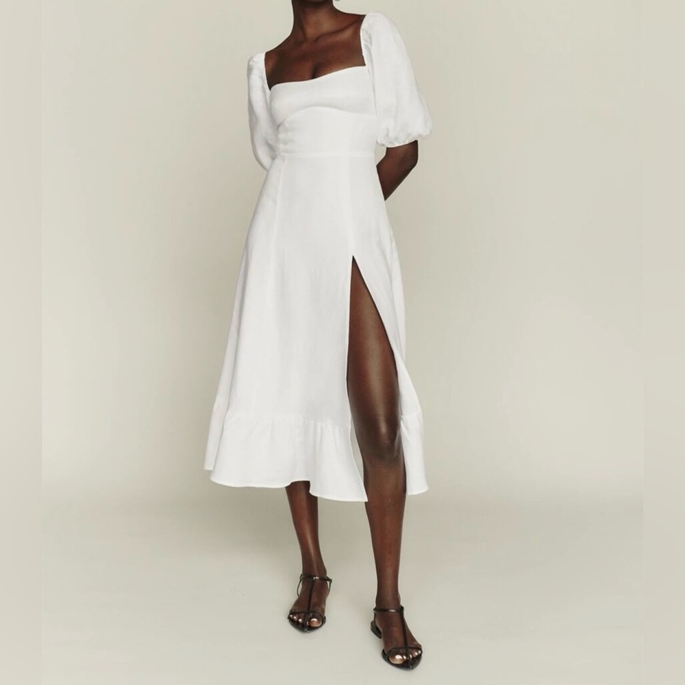 Reformation Belgium linen dress in white. Size 6. Sold out online.